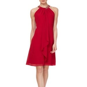 Red Sleeveless Halter Top Beaded Neck Short A-Line Dress with Cascading Ruffle